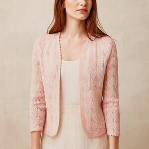 Vintage 60s Wayne Taylor Pink Pointelle OPen front Cardigan Sweater M